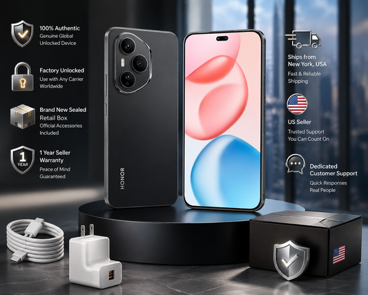 Honor 400 Pro 5G Honor smartphone in black, triple rear cameras and front display with charging cable