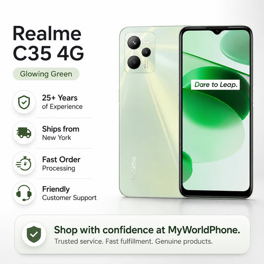 Realme GT Master Edition 5G Glowing green smartphone front and back shown with an active display