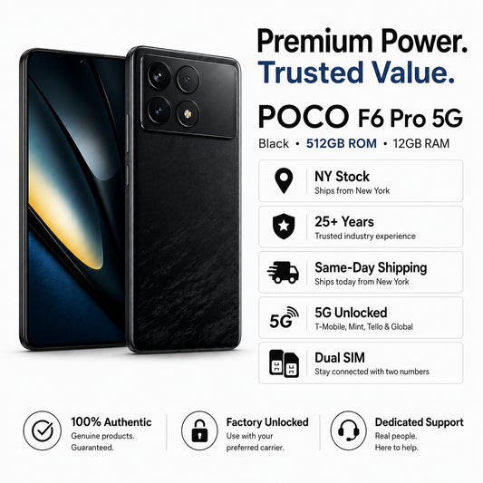 Black POCO F6 Pro smartphone front and back shown together