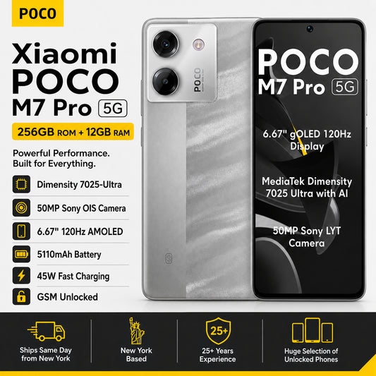 Silver and black Poco M7 Pro 5G smartphones with dual rear cameras