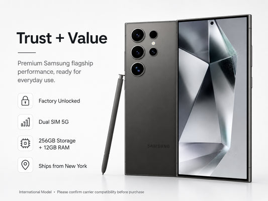 Samsung Galaxy S24 Ultra phone, titanium black, with front screen and S Pen stylus