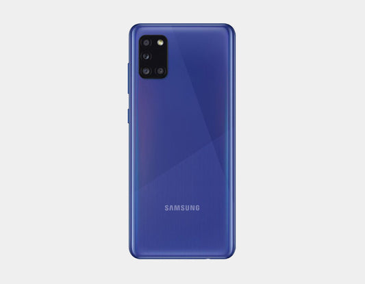 Samsung Galaxy A31 GSM unlocked smartphone in Prism Crush Blue with 128GB storage and 4GB RAM.