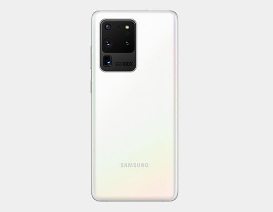 Samsung Galaxy S20 Ultra 5G GSM unlocked smartphone in Cloud White, showing the front screen with a vibrant display.