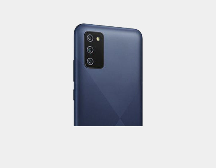 Samsung Galaxy A02s GSM unlocked phone in blue with 64GB storage and 3GB RAM, dual SIM card slots, front and back view