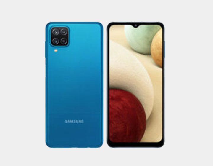Samsung Galaxy A12 A127M smartphone with 64GB storage, 4GB RAM, dual SIM, GSM unlocked in blue color.