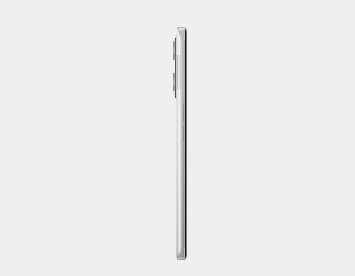 Paper white smartphone left-side profile with button and port openings