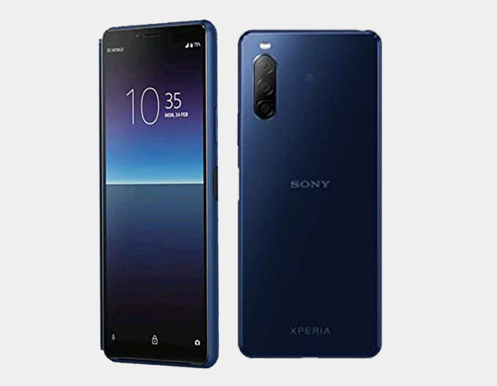 Sony Xperia 10 II GSM unlocked smartphone in blue with 128GB storage and 4GB RAM, showing the front screen and sleek design.