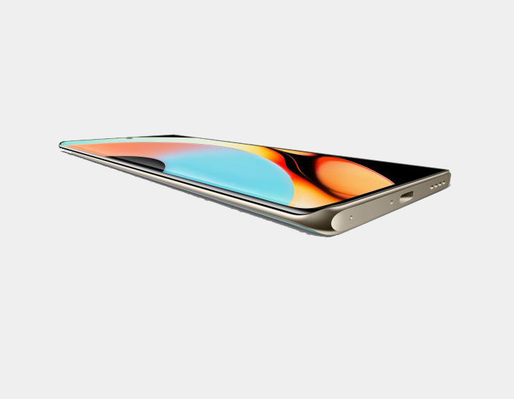 Realme 10 Pro+ gold smartphone side profile with buttons and ports
