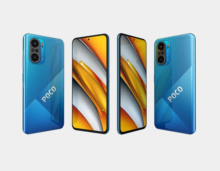 Xiaomi Poco F3 5G smartphone in ocean blue with 256GB storage and 8GB RAM, dual SIM, GSM unlocked, front and back view.