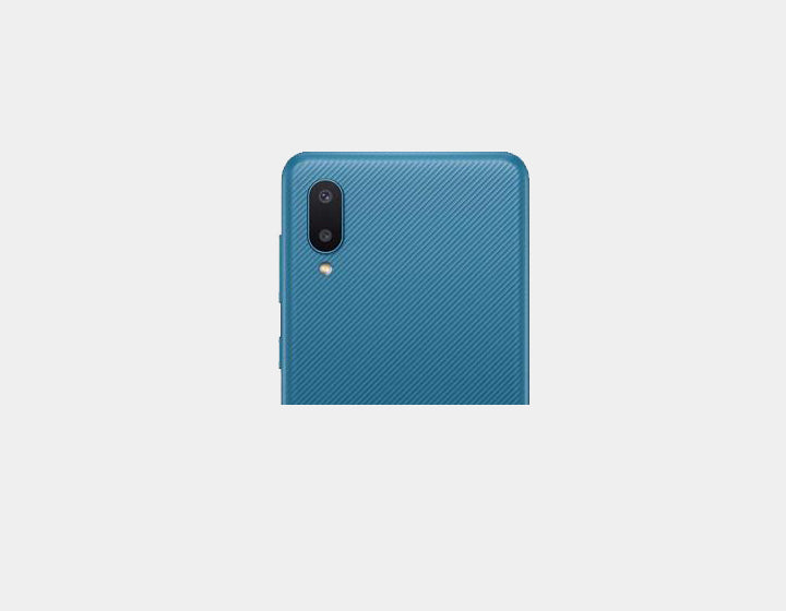Samsung Galaxy A02 A022G dual SIM LTE smartphone in blue, showing the front display with apps and icons.