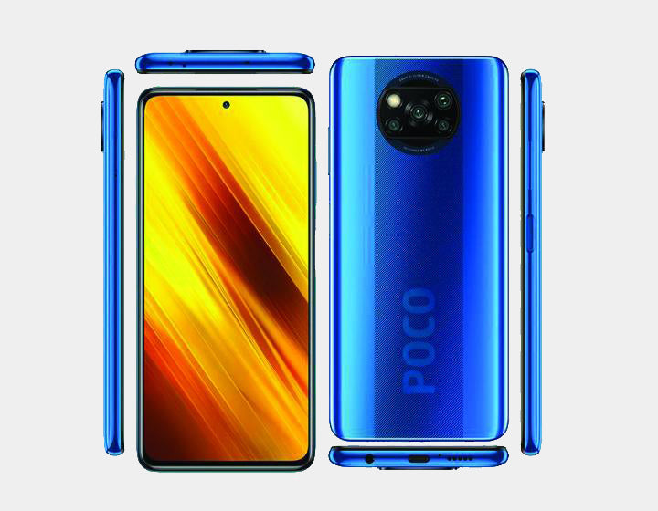 Xiaomi Poco X3 Pro smartphone in blue with 128GB storage and 6GB RAM, dual SIM GSM unlocked, front and back view.