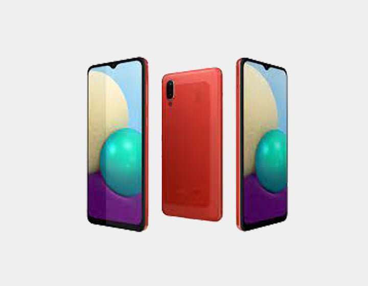 Samsung Galaxy A02 GSM unlocked smartphone in red with 32GB storage and 2GB RAM, dual SIM LTE mobile phone.