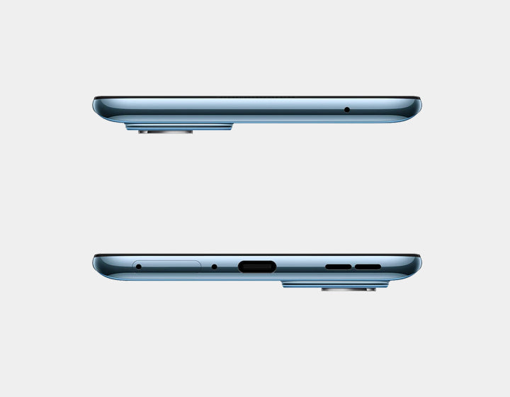 OnePlus 9 5G Arctic Sky Blue smartphone with 256GB storage and 12GB RAM, dual SIM GSM unlocked, front and back view