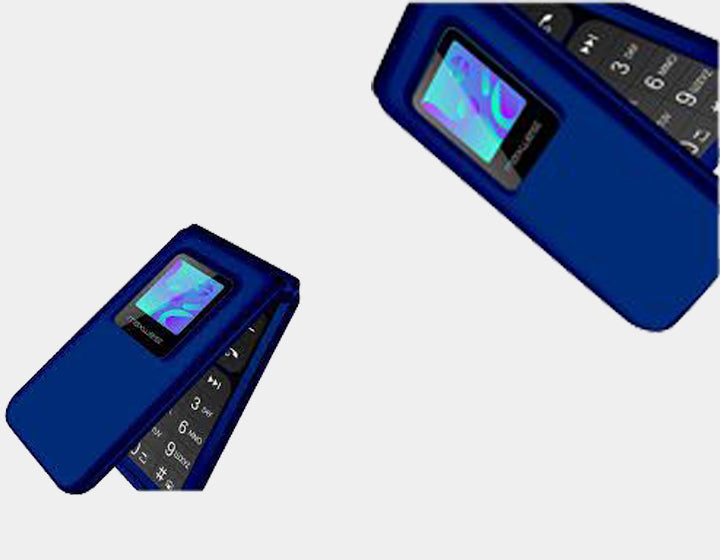 Maxwest Neo Flip 4G LTE GSM unlocked flip phone in blue with dual nano SIM slots and Volte support.