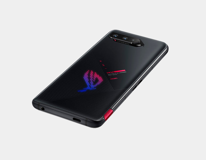 Asus ROG Phone 5 GSM unlocked smartphone in black with 128GB storage and 12GB RAM, front view showing sleek design.