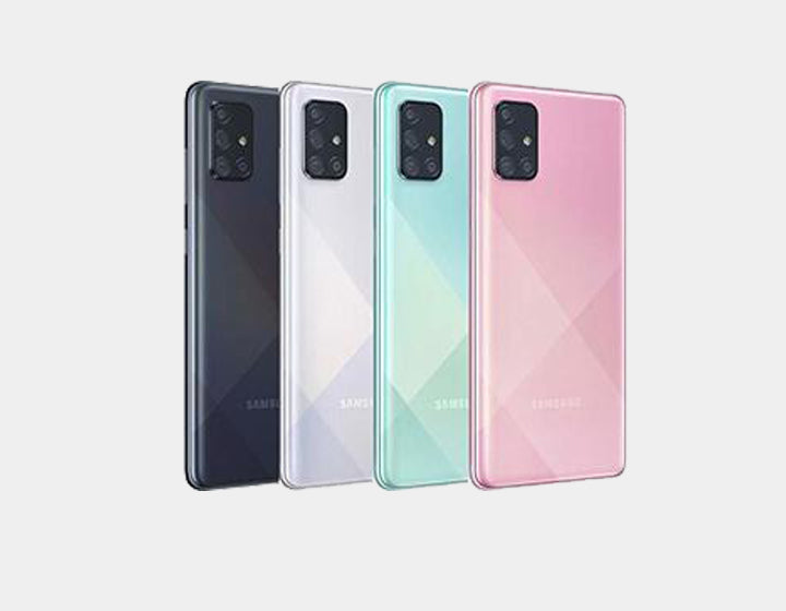 Samsung Galaxy A71 A715F dual SIM smartphone in black with 128GB storage and 8GB RAM, GSM unlocked and ready for use.