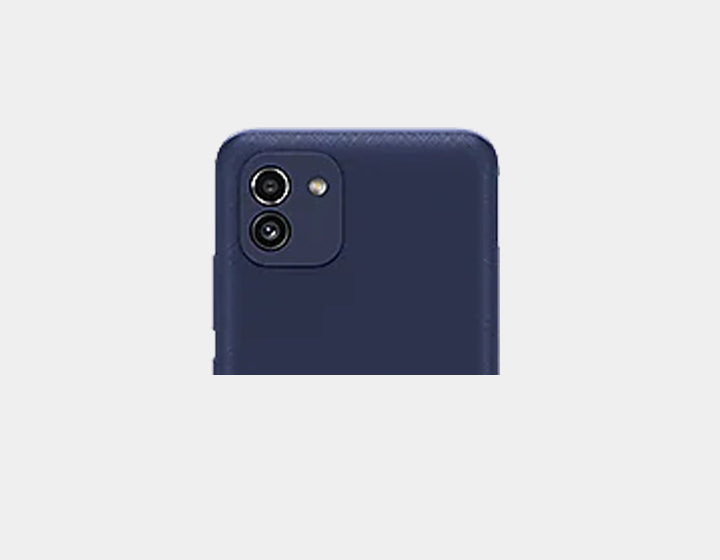Samsung Galaxy A03 GSM unlocked phone in blue with dual SIM, 32GB storage and 3GB RAM, Latin version displayed.
