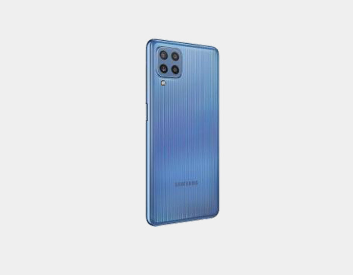 Samsung Galaxy M32 GSM unlocked smartphone in blue with 64GB storage and 4GB RAM, dual SIM, front and back views.