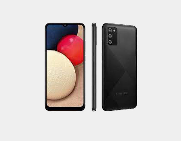 Samsung Galaxy A02s GSM unlocked smartphone in black showing front view with screen and dual SIM card slots.