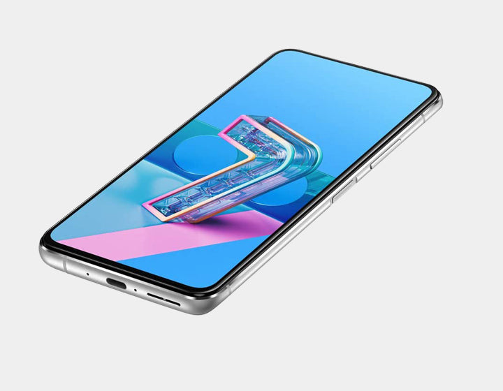 ASUS Zenfone 7 Pro ZS671KS 5G unlocked smartphone in pastel white, showing the phone's sleek front display and dual-camera setup.