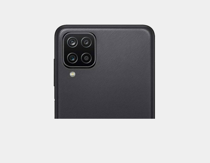 Samsung Galaxy A12 A127M smartphone with 64GB storage, 4GB RAM, dual SIM, GSM unlocked, in black color.