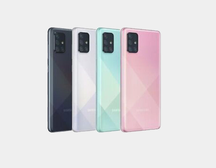 Samsung Galaxy A71 Prism Crush Pink GSM unlocked smartphone with 6.7-inch display, 128GB storage, and 8GB RAM.