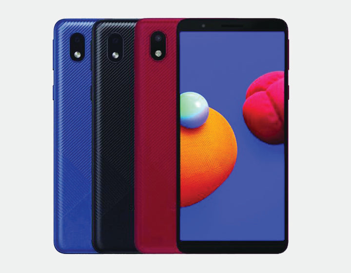 Samsung Galaxy A01 Core GSM unlocked smartphone with 32GB storage, 2GB RAM, in blue, featuring a sleek design and dual SIM slots.