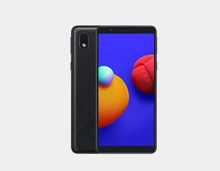 Samsung Galaxy A01 Core GSM unlocked phone in black with 16GB storage and 1GB RAM, displaying its front view.