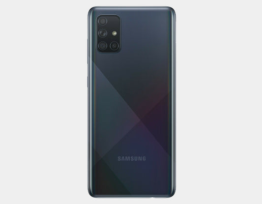 Samsung Galaxy A71 A715F dual SIM smartphone in black with 128GB storage and 8GB RAM, GSM unlocked, front and back views.