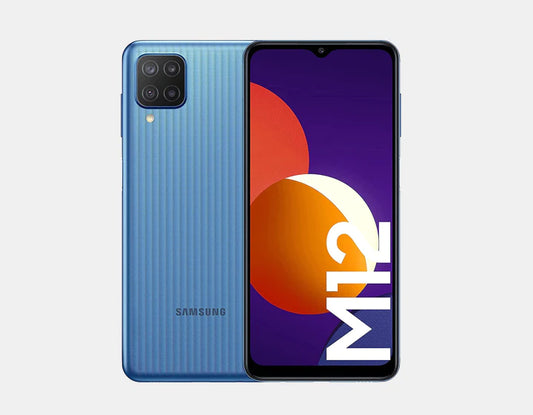 Experience reasonableness and execution in style with the Samsung Galaxy M12 M127F Dual SIM 64GB 4GB Blue in shocking blue, highlighting Double SIM support, 64GB capacity, and 4GB Smash.
