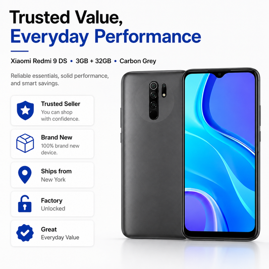 Carbon grey smartphone with rear cameras and blue front display