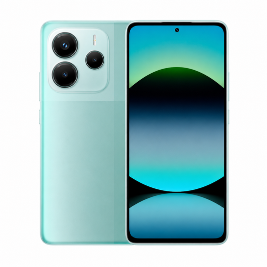 Coral green smartphone with triple rear cameras and front display