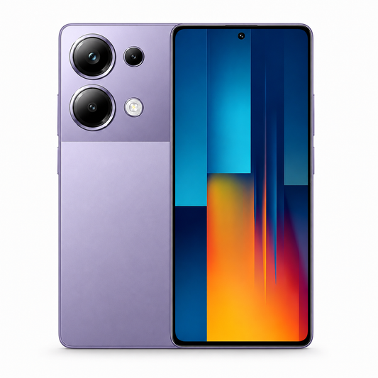 Xiaomi Poco M6 Pro 4G smartphone in purple with dual rear cameras and front display