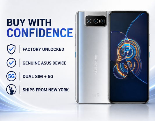 ASUS Zenfone 8 Flip phone with silver rear and dark front display with blue design