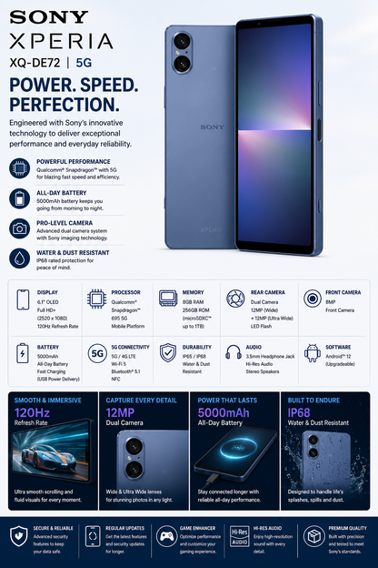 Sony Xperia 5 V 5G Dual SIM XQ-DE72 256GB ROM 8GB RAM GSM Unlocked - Blue