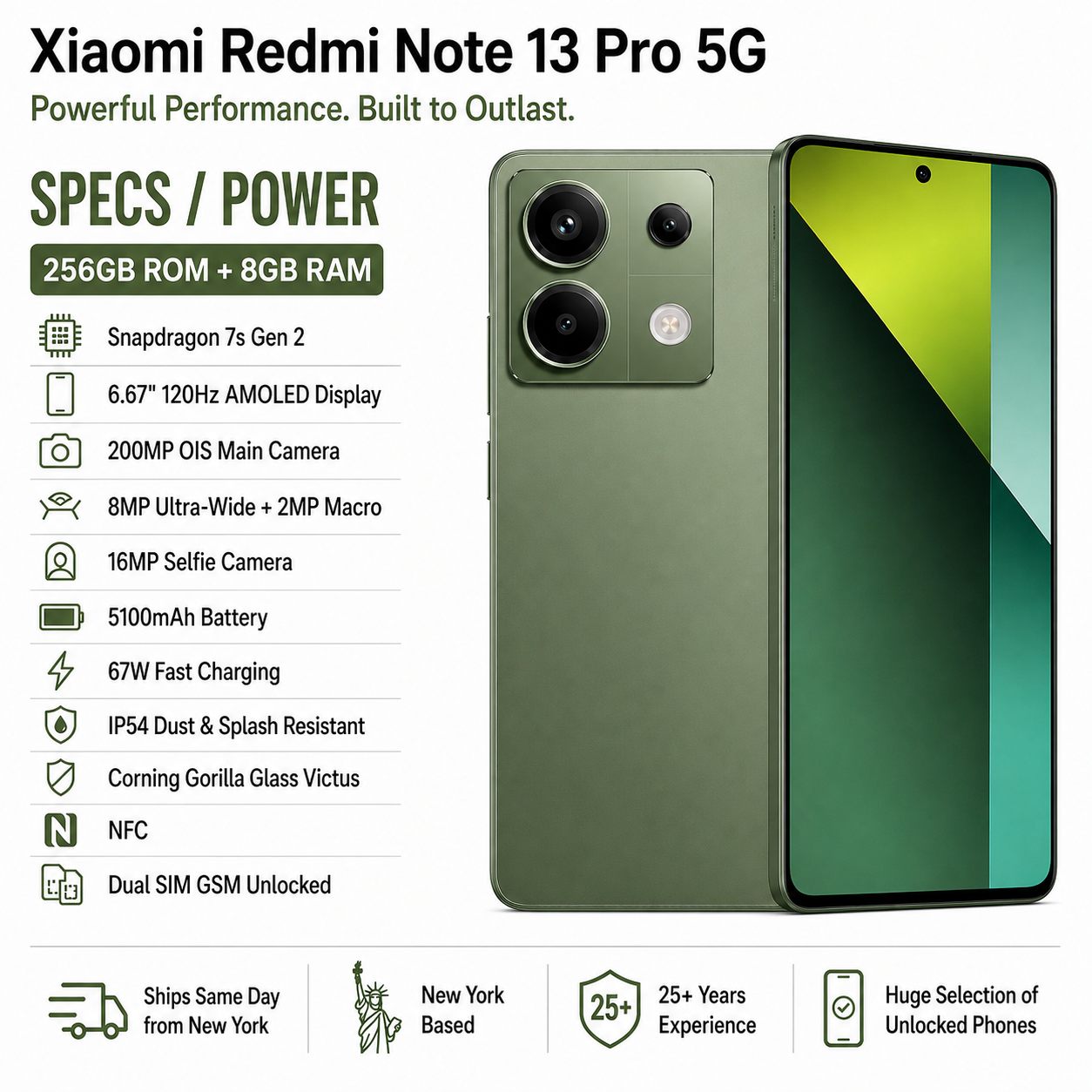 Xiaomi Redmi Note 13 Pro 5G Dual SIM 256GB ROM 8GB RAM GSM Unlocked - Olive Green