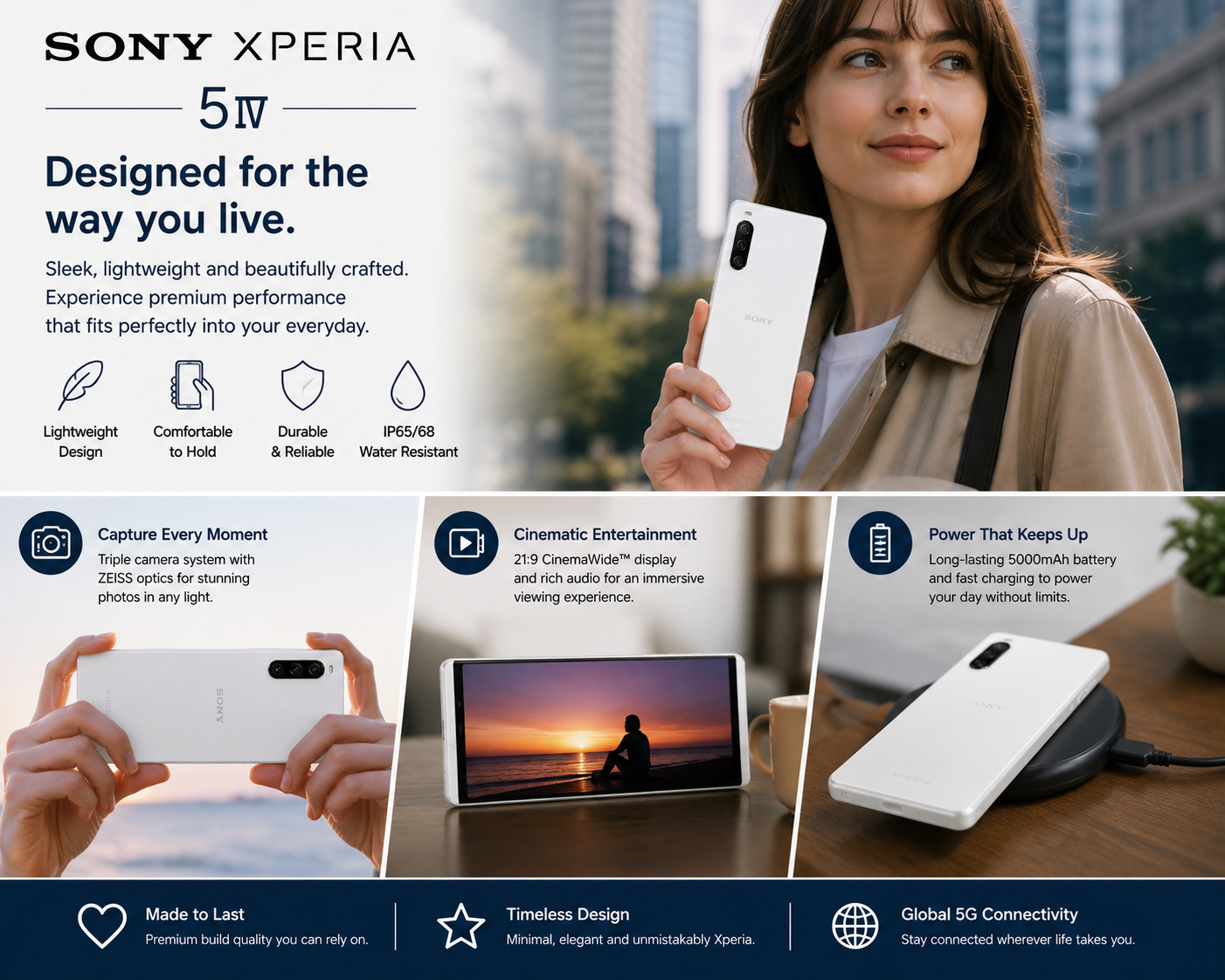 Sony Xperia 5 IV 5G XQ-CQ72 White smartphone held in hand, back visible with rear camera array
