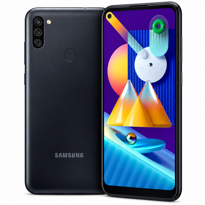 Black Samsung Galaxy M11 smartphone front screen and rear camera close-up.