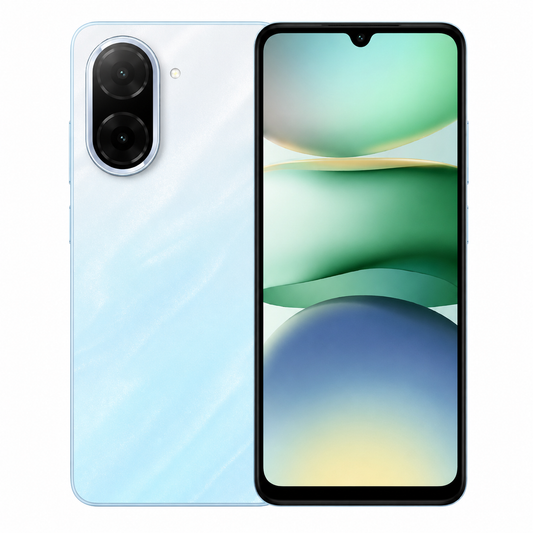 Blue Xiaomi Redmi A5 smartphone with dual rear cameras and front display
