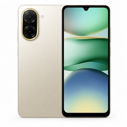 Gold smartphone with dual rear cameras and front display