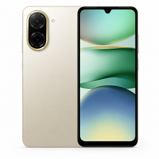 Gold smartphone with dual rear cameras and front display
