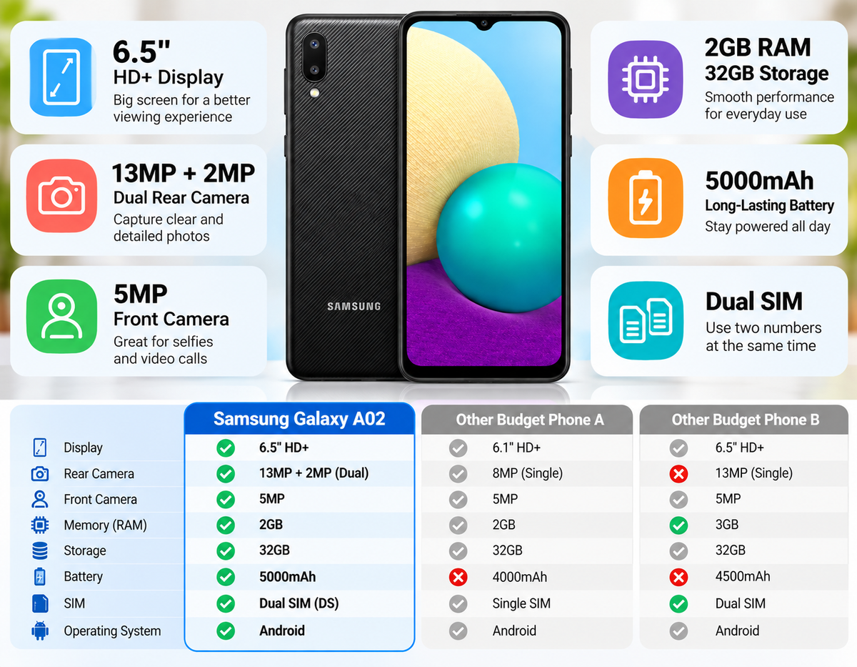 Black Samsung Galaxy A02 dual-SIM phone with front and rear cameras, 2GB RAM/32GB storage