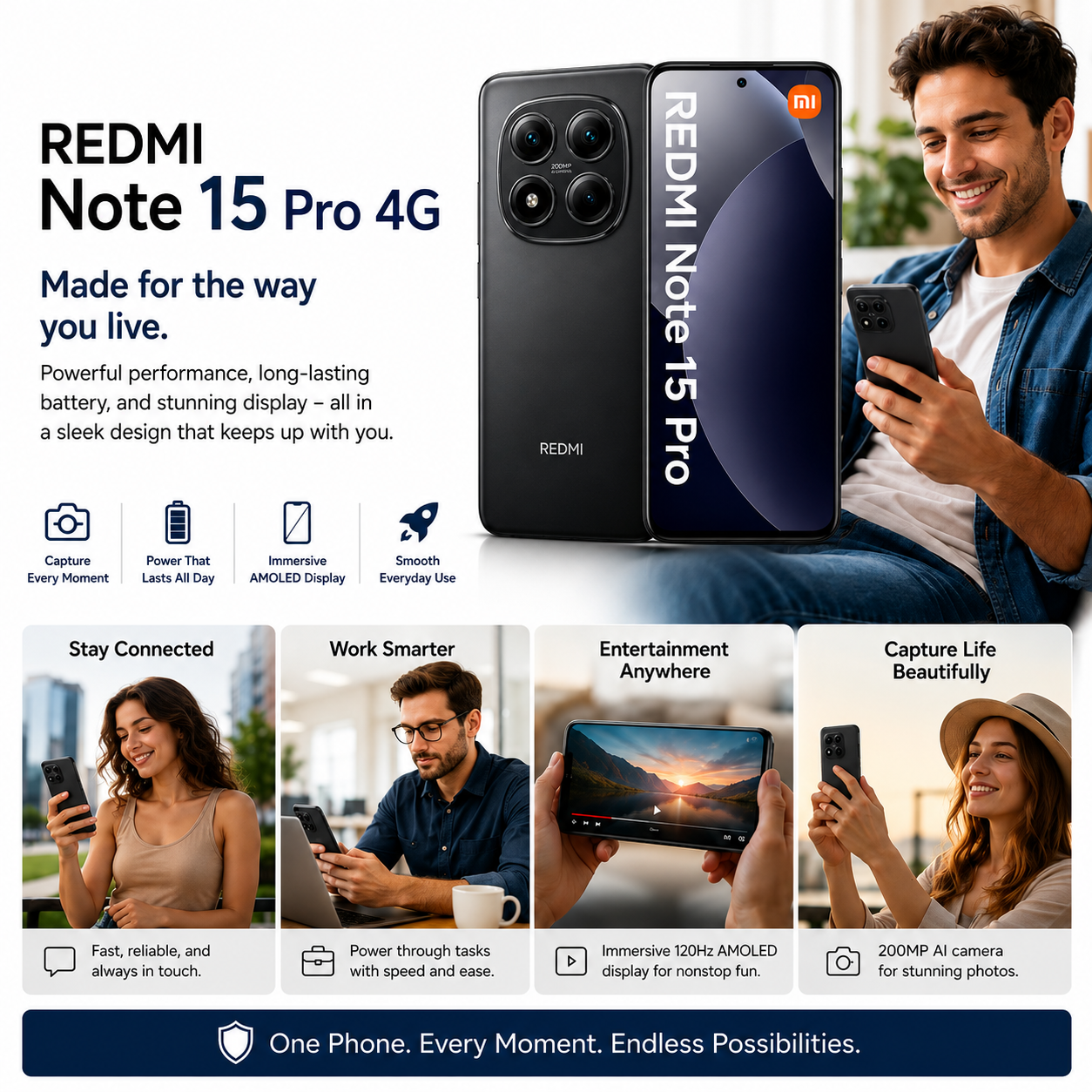 Xiaomi Redmi Note 15 Pro 4G 512GB ROM 12GB RAM Dual SIM GSM Unlocked - Black