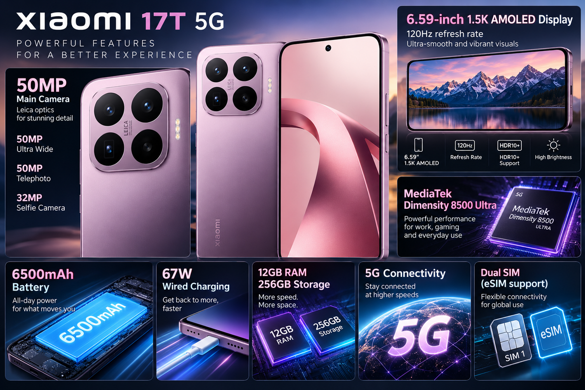 XIAOMI Mi 17T 5G smartphone marketing layout with phone images and feature graphics.