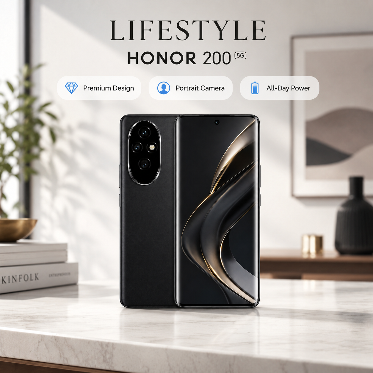 Black Honor smartphone on stand, back and front view with triple-lens camera