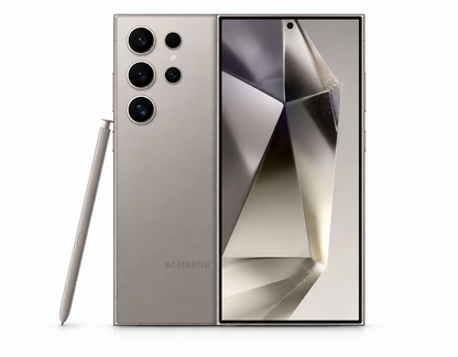 Titanium gray Samsung Galaxy S24 Ultra 5G smartphone with S Pen, front and back view