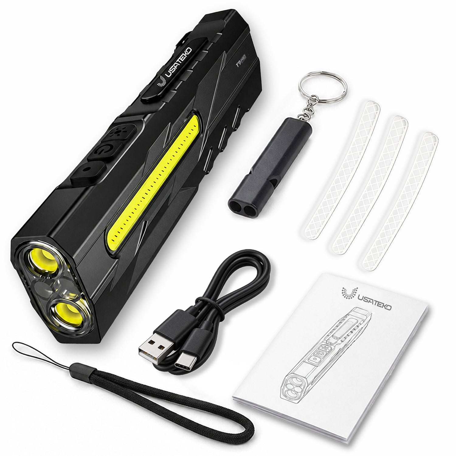 USATEKO T9 Pro Black flashlight with yellow strip plus USB-C cable, spare light strips, and keychain