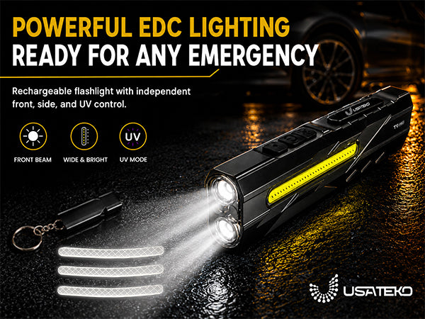 USATEKO T9 Pro Rechargeable Flashlight, 1500 Lumens, 365nm UV, Magnetic Base, IPX6 Compact flat USB-C flashlight with side work light and clip.
