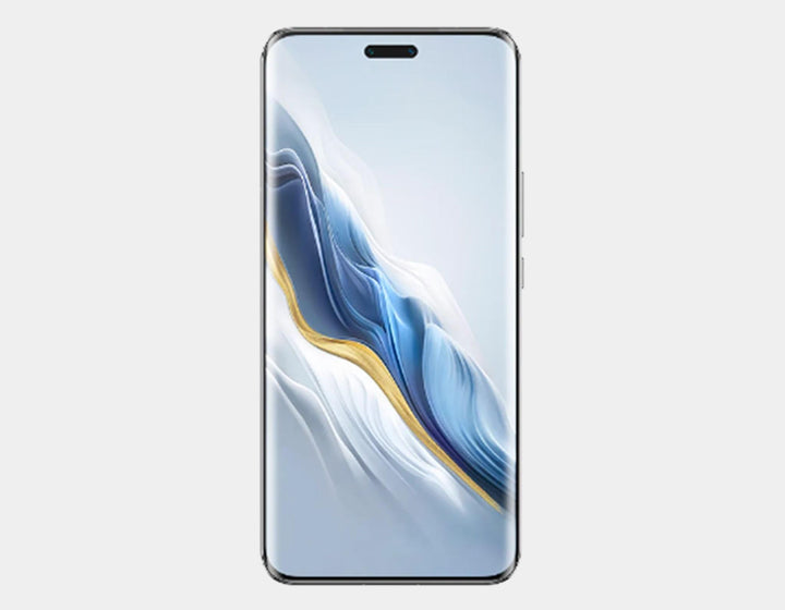 Black smartphone front with blue abstract wallpaper and curved display.