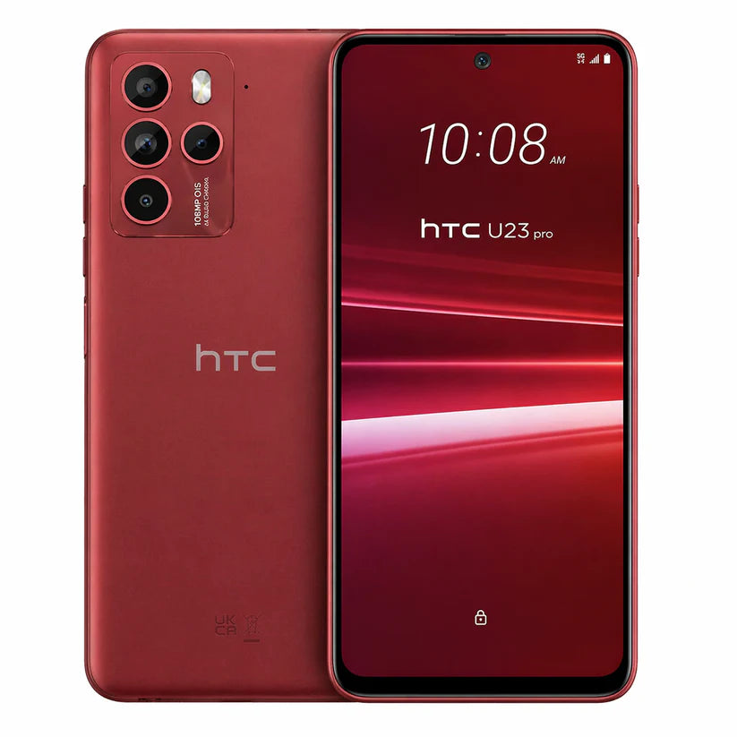 Red HTC U23 Pro 5G unlocked phone, front screen and rear camera array visible